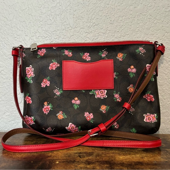 Coach Signature Canvas Leather Crossbody East West Pop Brown Floral Red Pink - Picture 6 of 9
